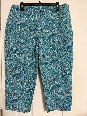 Talbots paisley Turquoise Capri Pants size 14 summer button detail cottagecore
